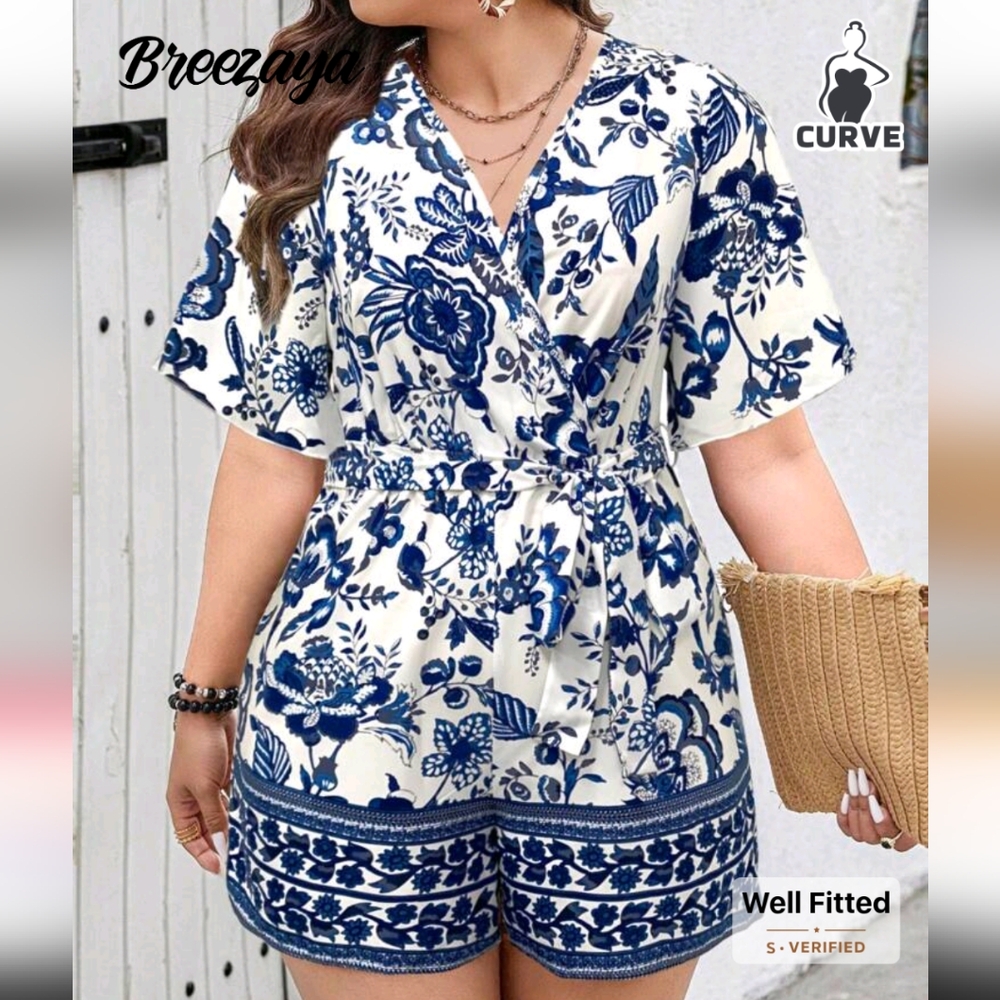 Blue and White Floral Romper